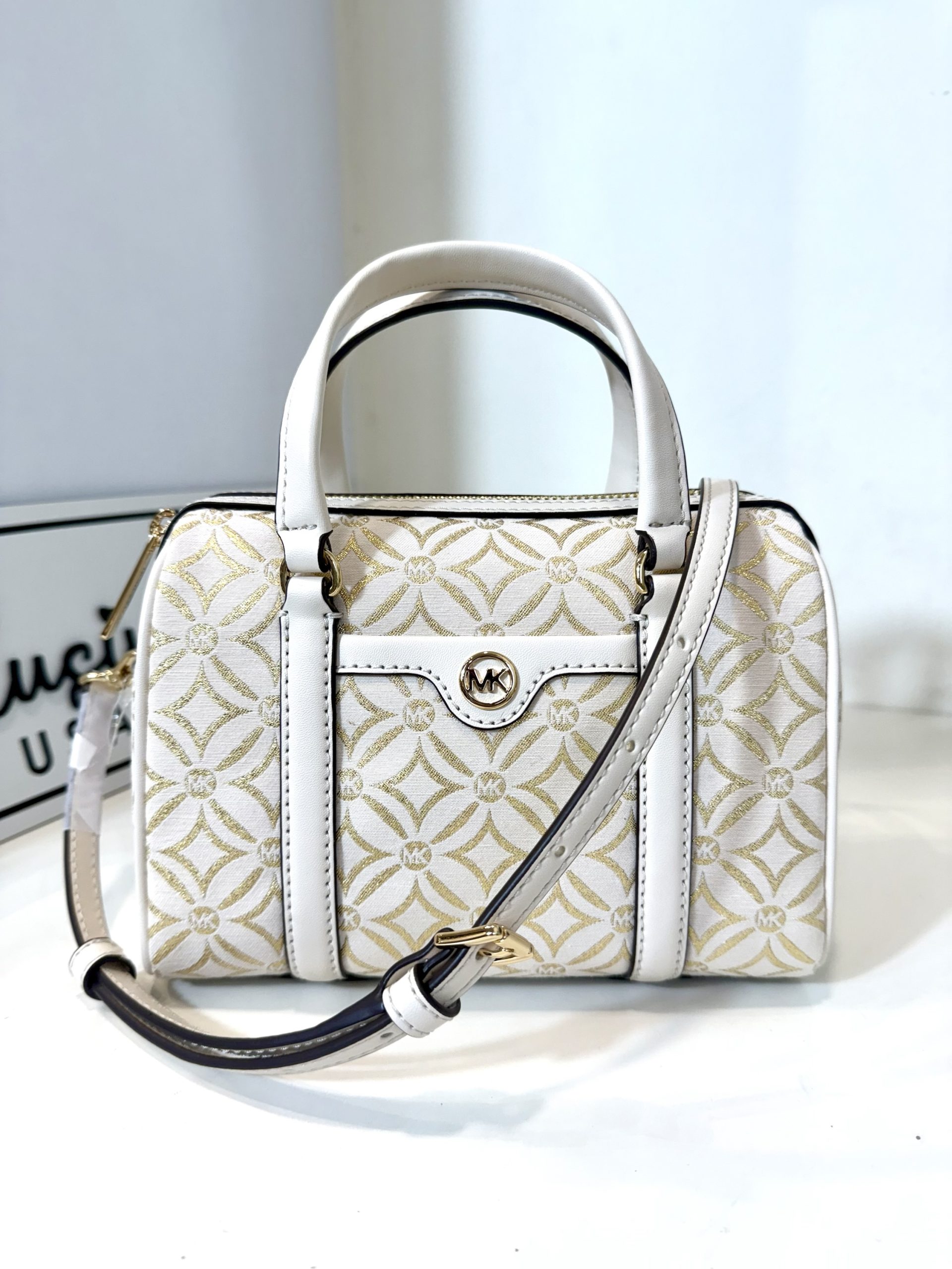 Michael Kors Small Metallic Logo Jacquard Duffle Crossbody Bag in Pale Gold Multi - Image 2