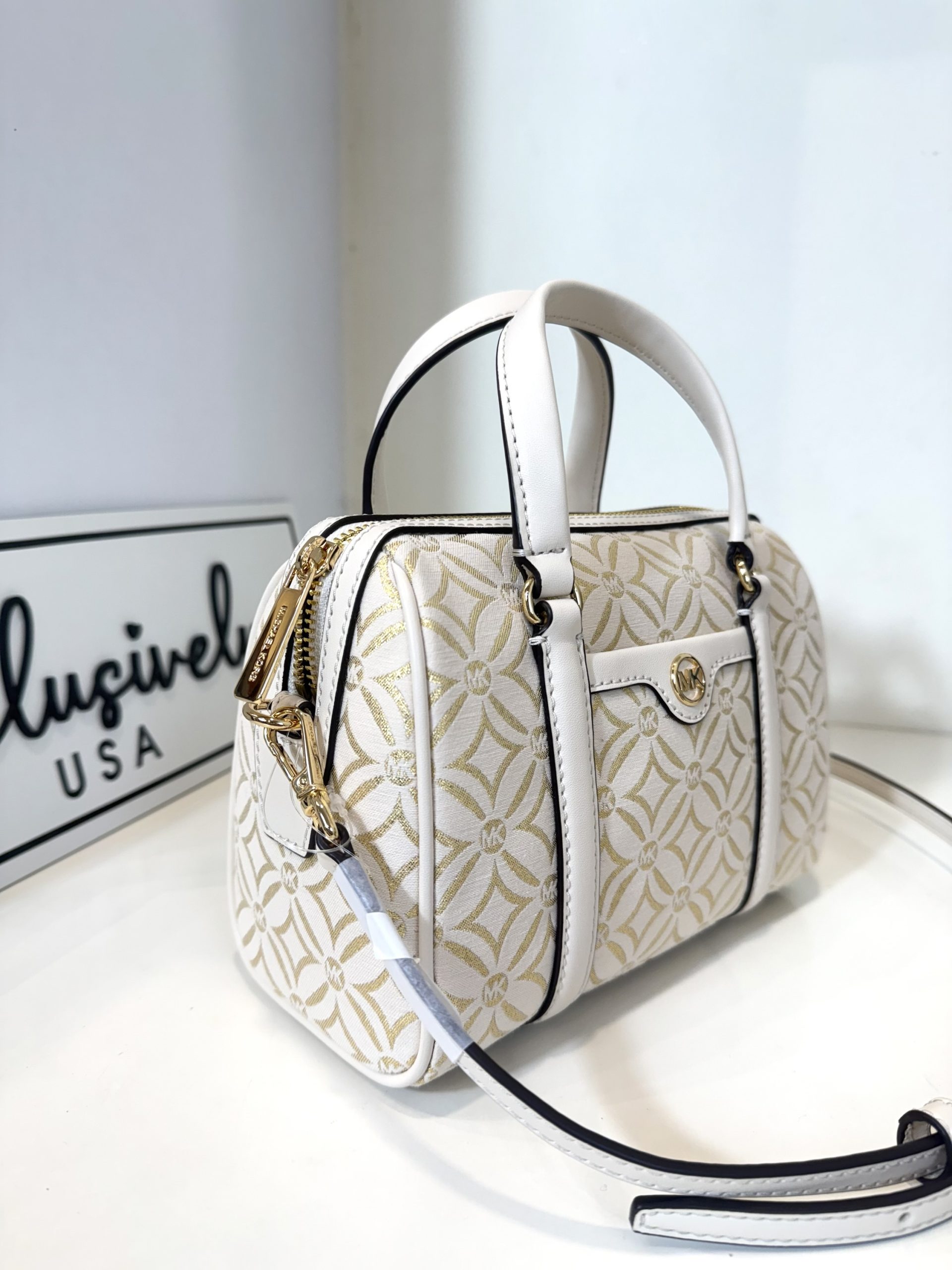 Michael Kors Small Metallic Logo Jacquard Duffle Crossbody Bag in Pale Gold Multi - Image 3