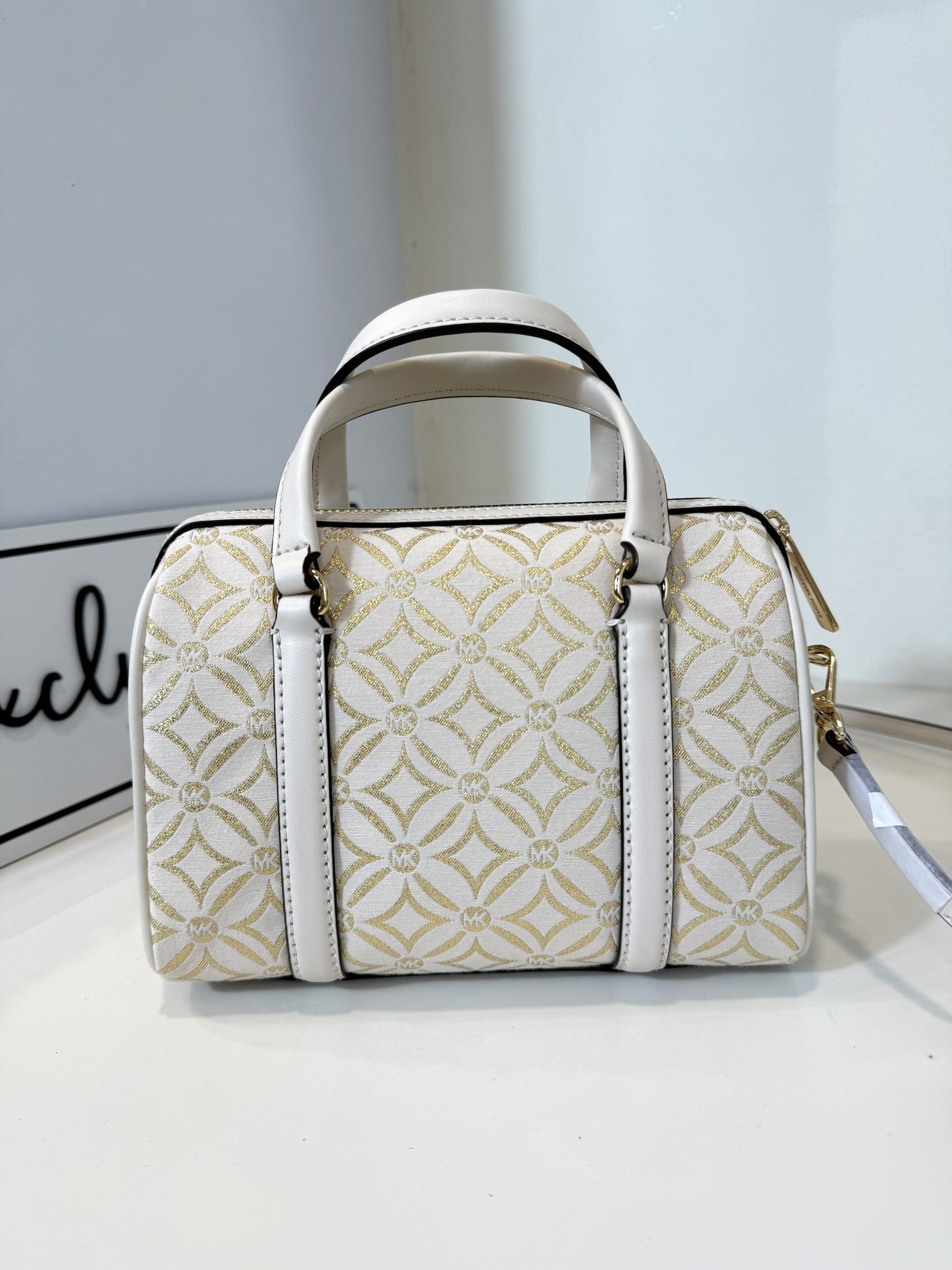 Michael Kors Small Metallic Logo Jacquard Duffle Crossbody Bag in Pale Gold Multi - Image 5