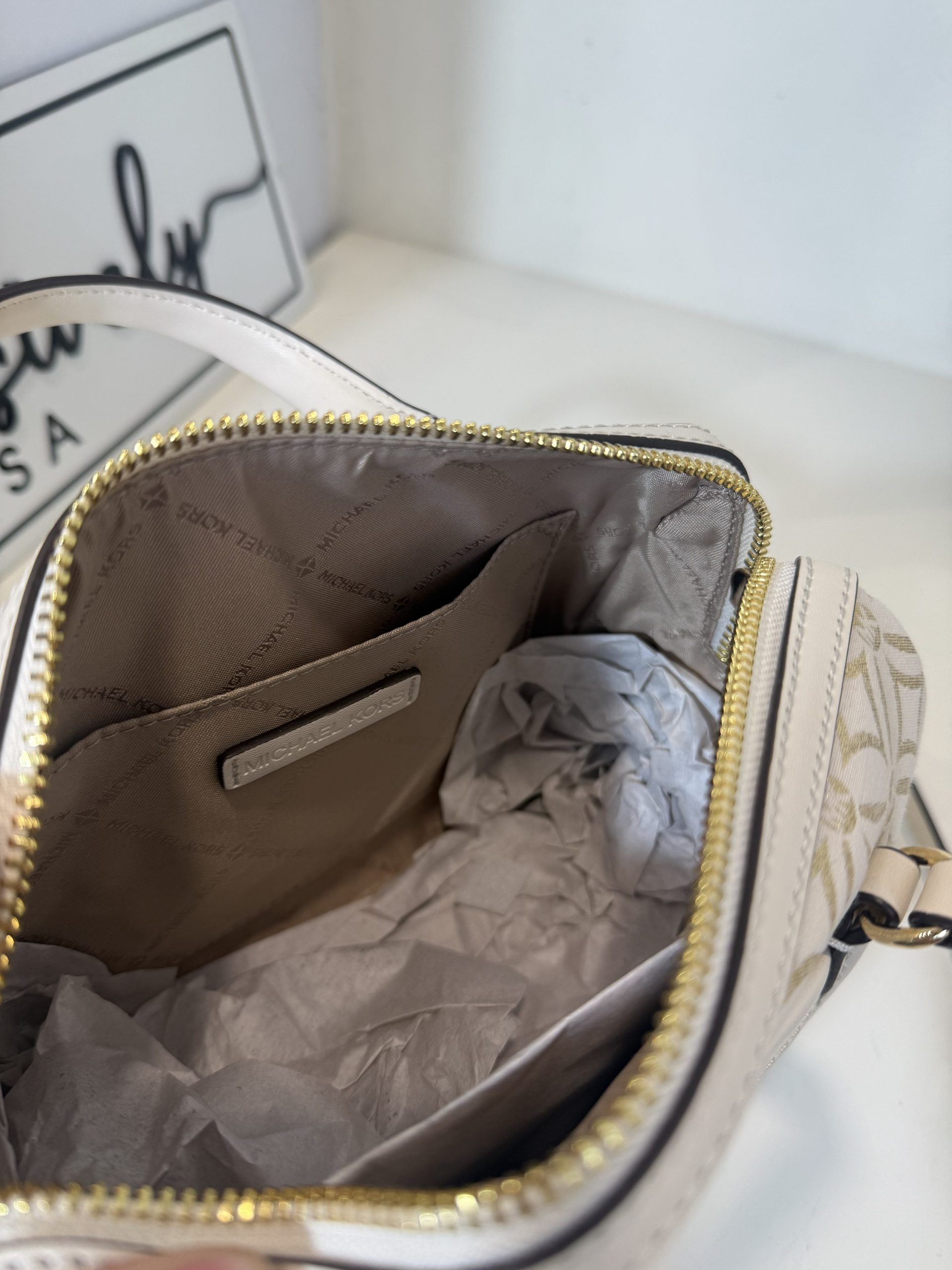 Michael Kors Small Metallic Logo Jacquard Duffle Crossbody Bag in Pale Gold Multi - Image 4