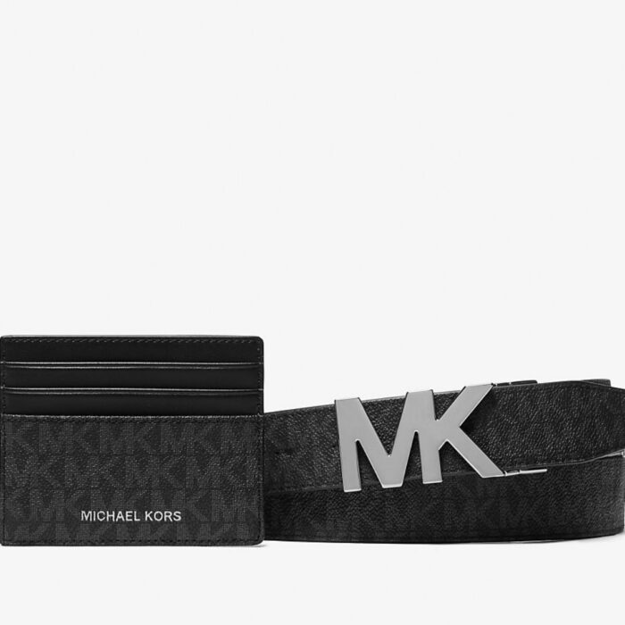 Michael Kors Signature Logo Card Case and Belt Gift Set in Black