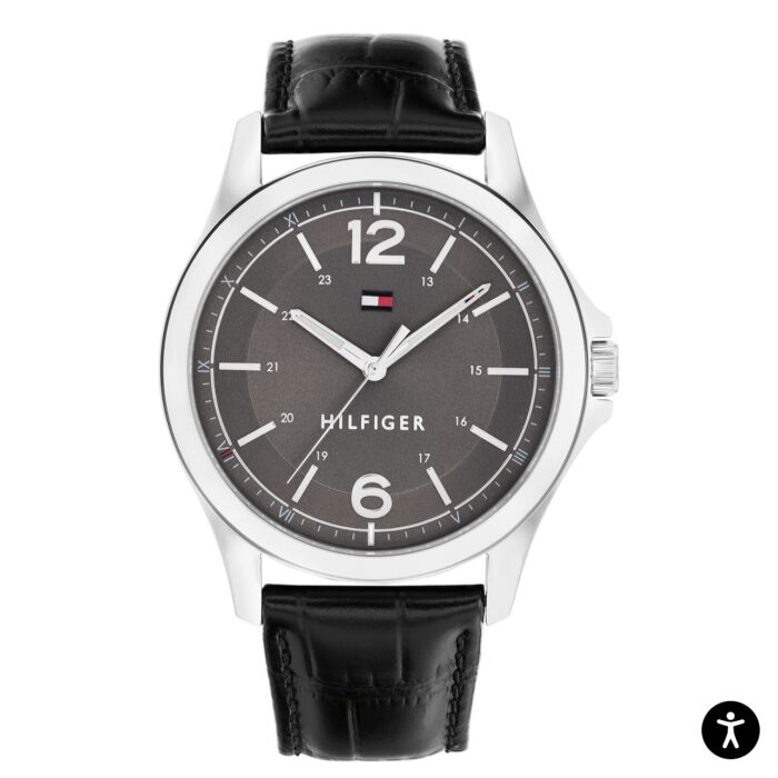 Tommy Hilfiger Black Croc Leather Silver Dial Men’s Watch 45mm (1791376)