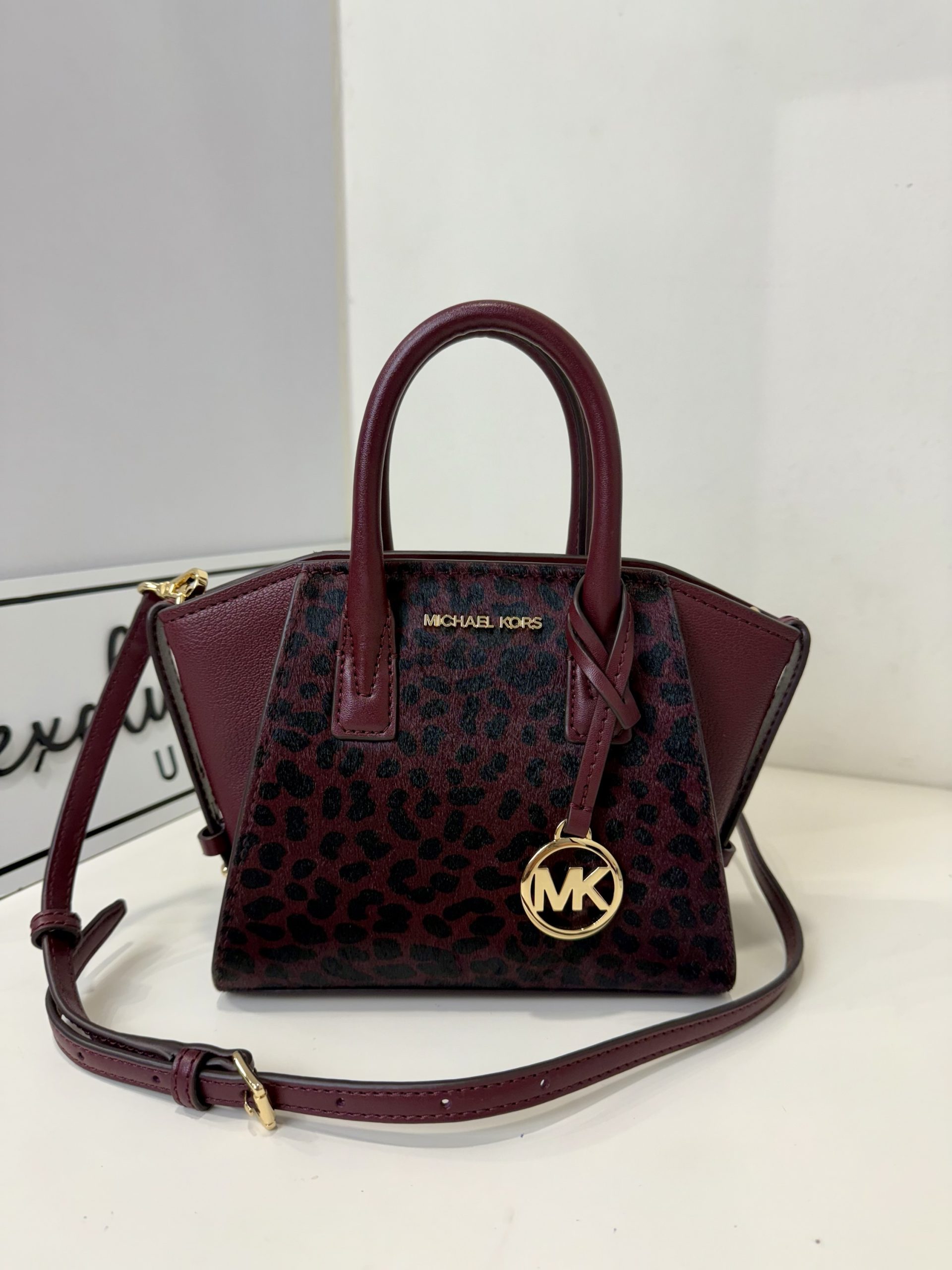 Michael Kors Avril XS Cheetah Print Calf Hair and Leather Satchel in Oxblood Multi
