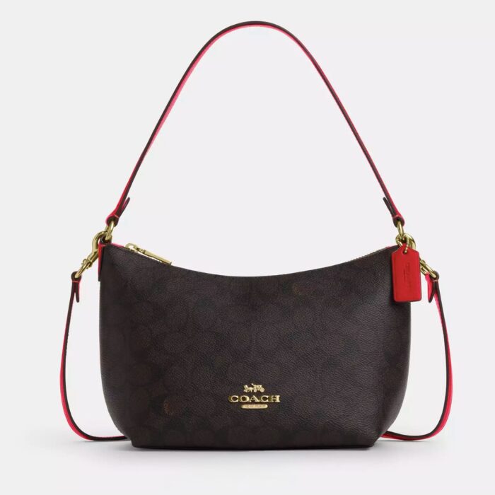 Coach Zip Top Shoulder Bag In Signature Walnut / Bold Red