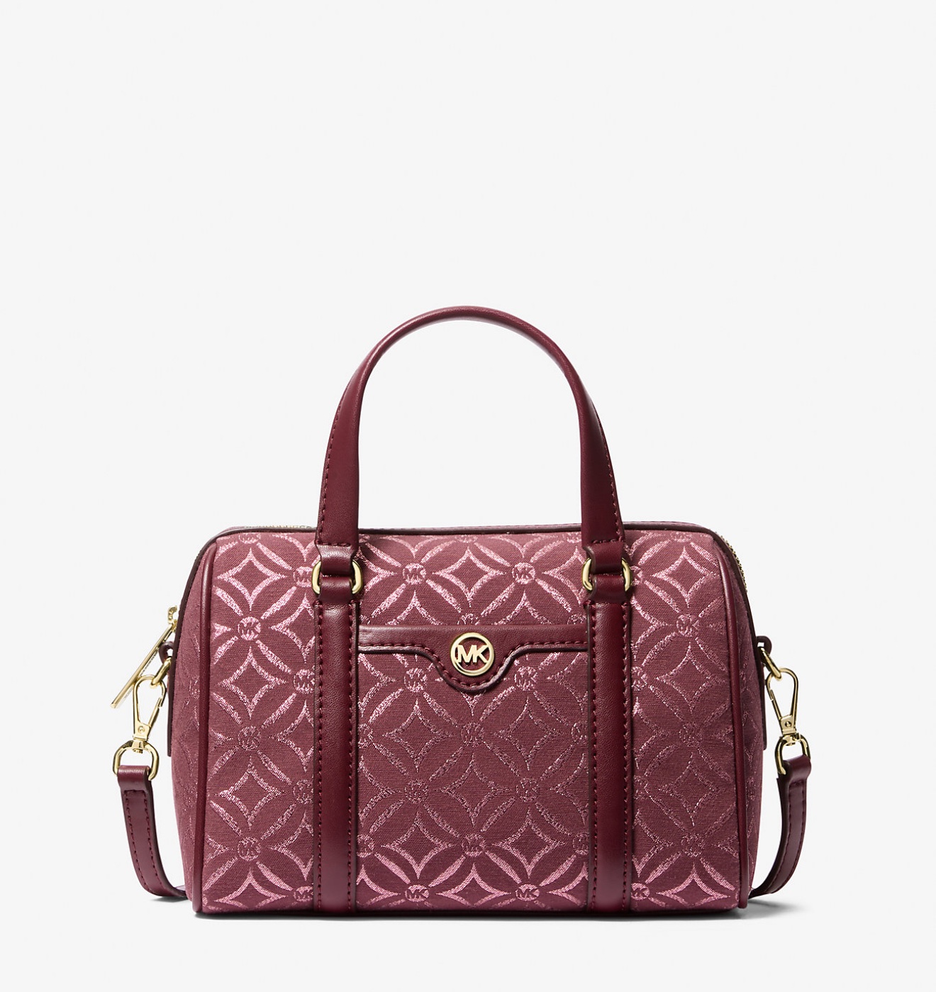 Michael Kors Small Metallic Logo Jacquard Duffle Crossbody Bag in Oxblood - Image 6