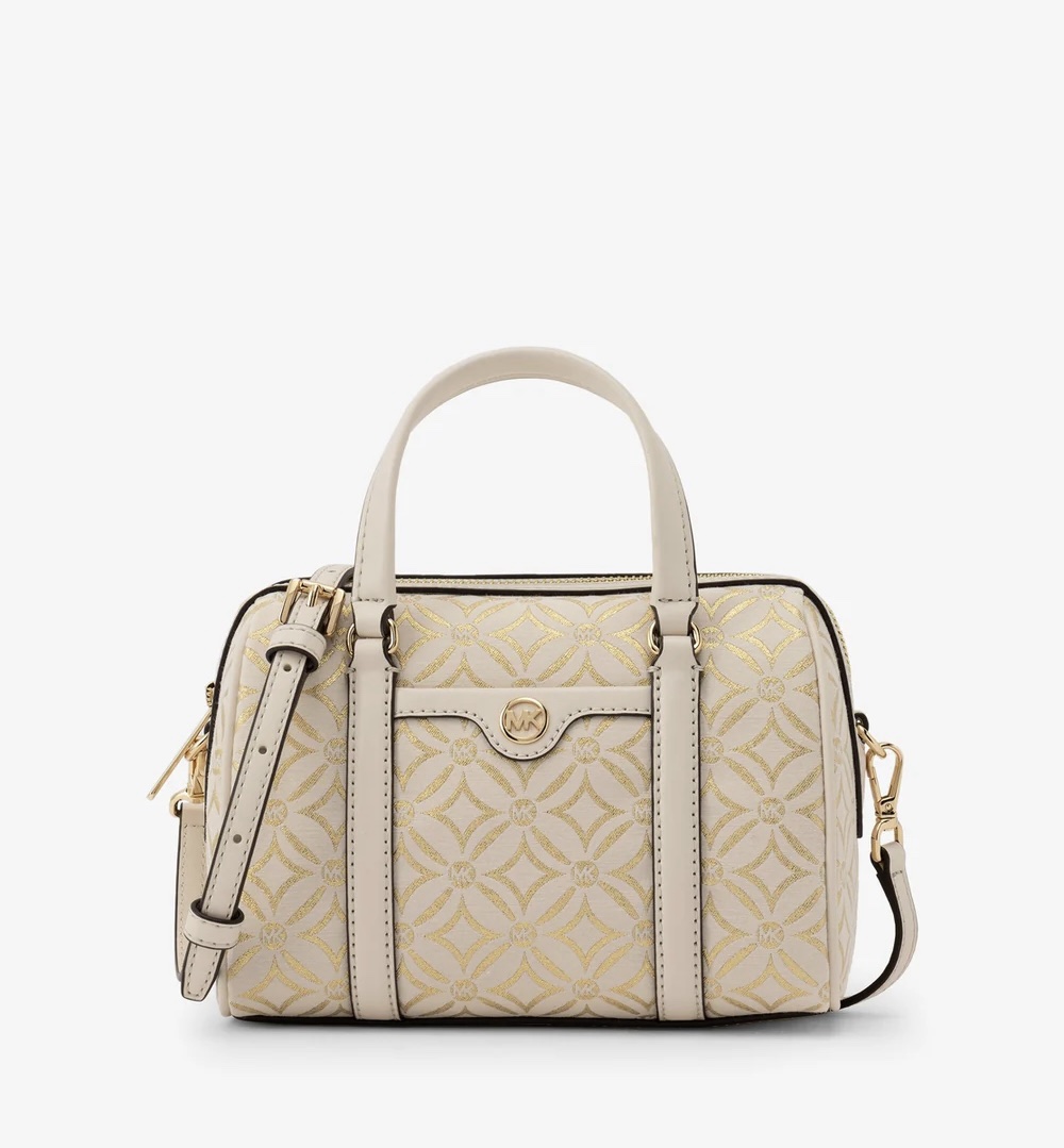 Michael Kors Small Metallic Logo Jacquard Duffle Crossbody Bag in Pale Gold Multi
