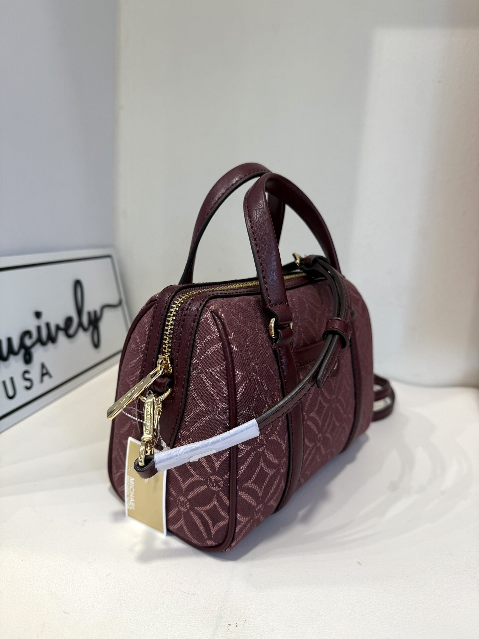 Michael Kors Small Metallic Logo Jacquard Duffle Crossbody Bag in Oxblood - Image 2