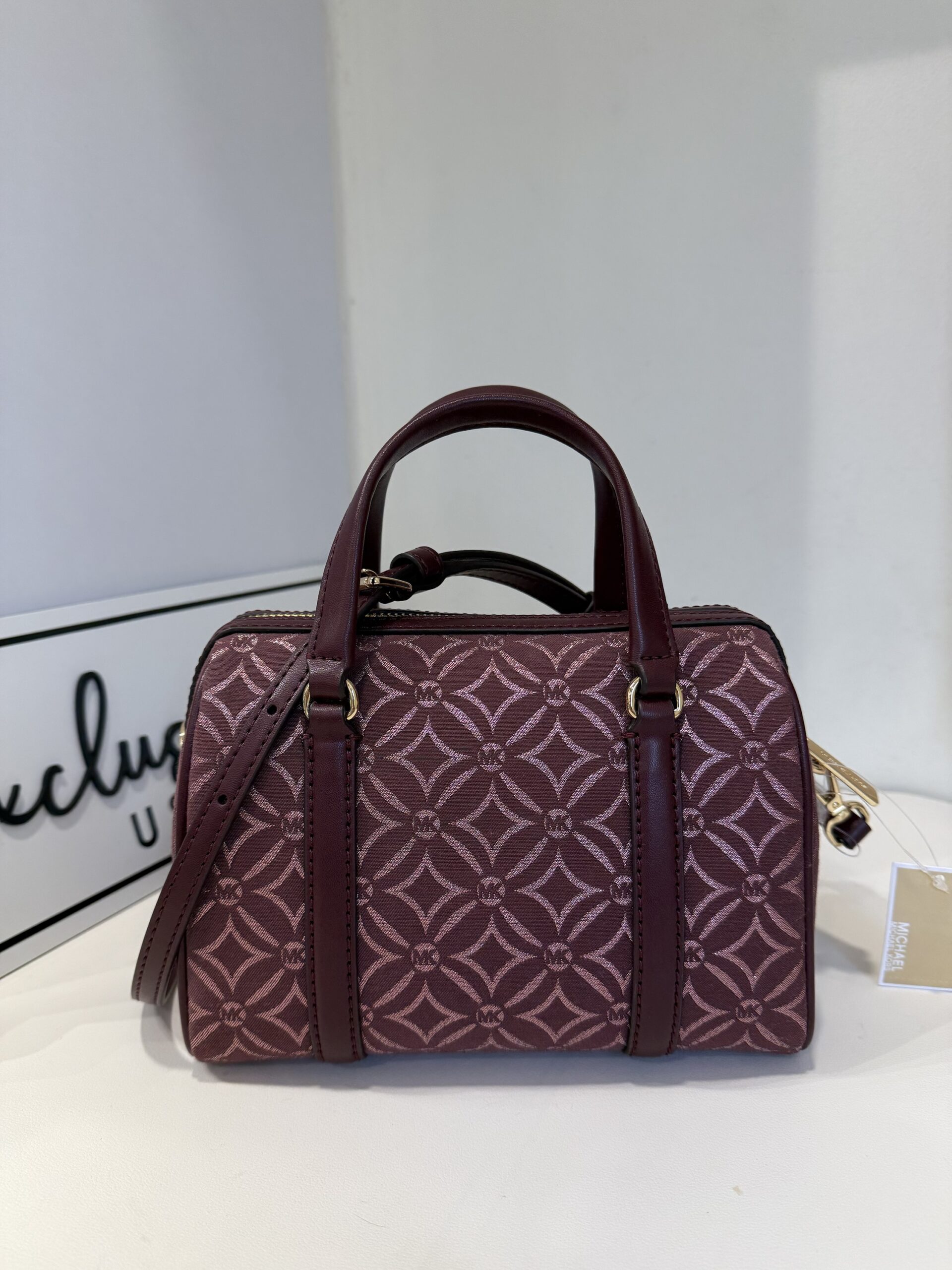 Michael Kors Small Metallic Logo Jacquard Duffle Crossbody Bag in Oxblood - Image 4