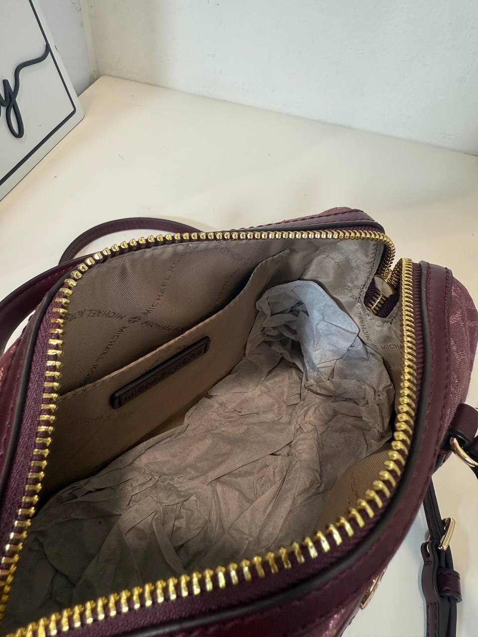 Michael Kors Small Metallic Logo Jacquard Duffle Crossbody Bag in Oxblood - Image 3