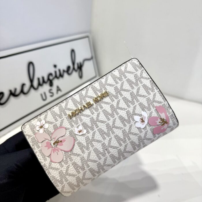 Michael Kors Jet Set Travel Medium Floral Print Bifold Wallet in Signature Light Cream Multi
