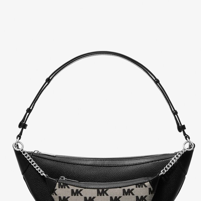 Michael Kors Hollis Medium 2-in-1 Pebbled Leather and Logo Jacquard Shoulder Bag In Black