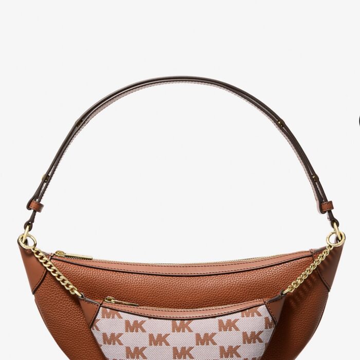 Michael Kors Hollis Medium 2-in-1 Pebbled Leather and Logo Jacquard Shoulder Bag In Luggage