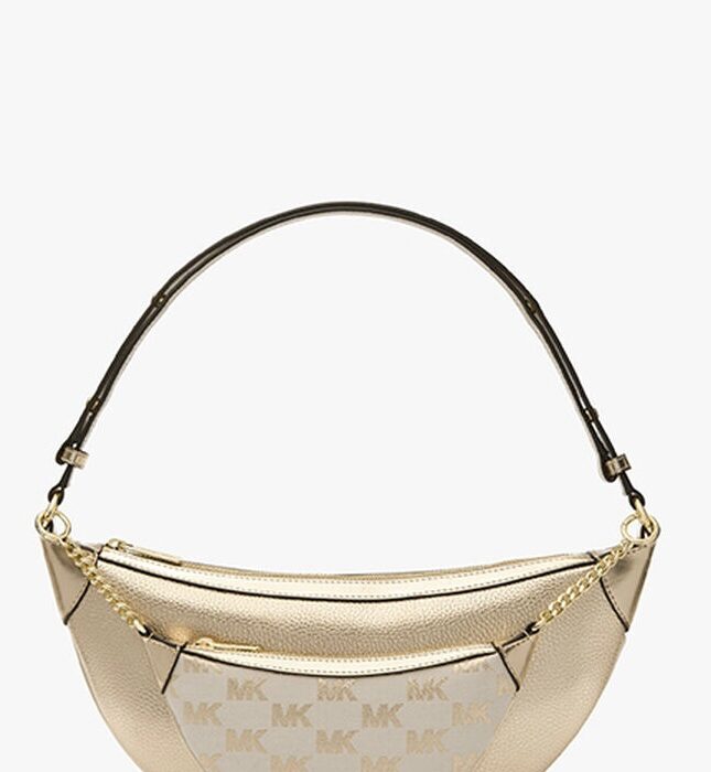 Michael Kors Hollis Medium 2-in-1 Metallic Leather and Logo Jacquard Shoulder Bag In Pale Gold