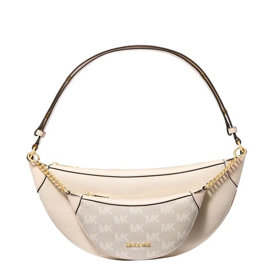 Michael Kors Hollis Medium 2-in-1 Metallic Leather and Logo Jacquard Shoulder Bag in Light Cream