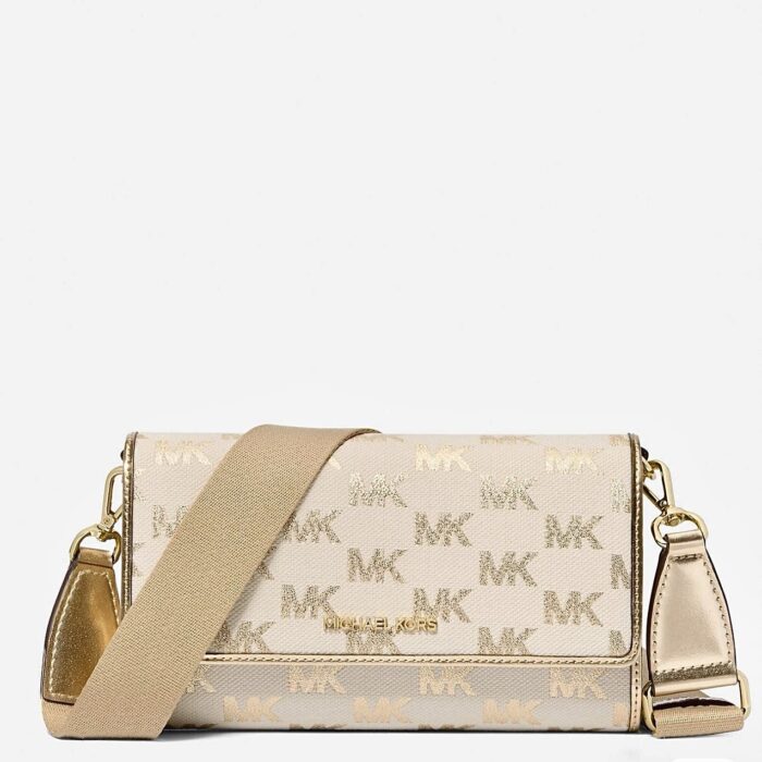 Michael Kors Jet Set Large Metallic Logo Jacquard Crossbody Bag In Pale Gold